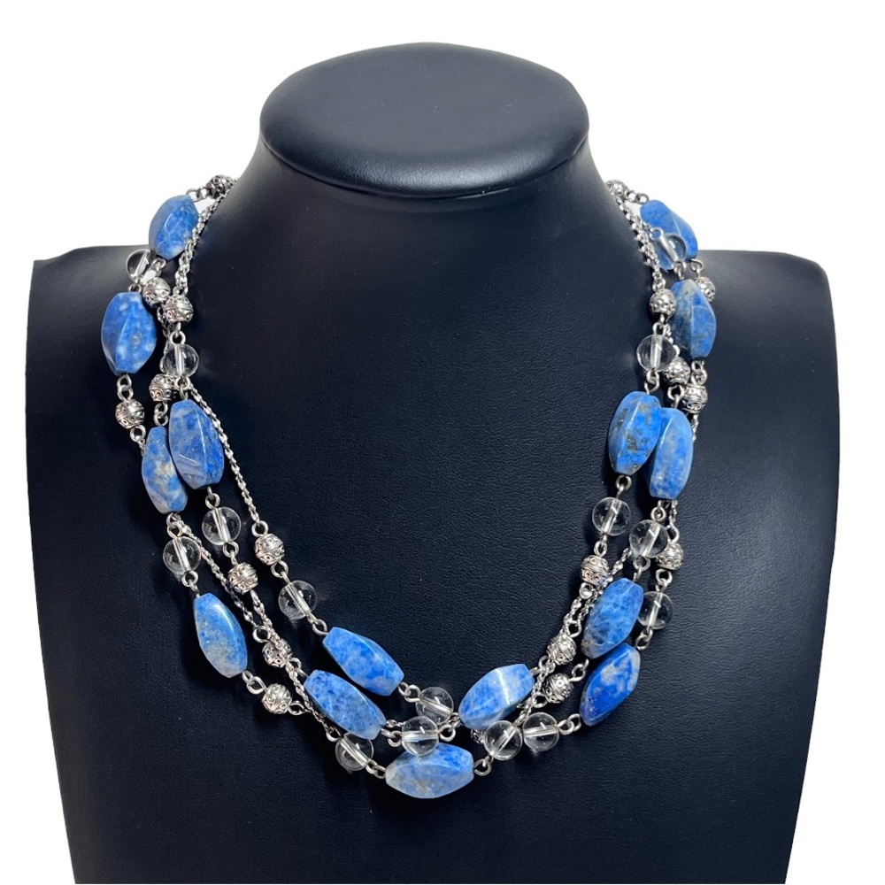 Tri Layer Lapis Lazuli Crystal Silver Tone Beaded Necklace 19-22"